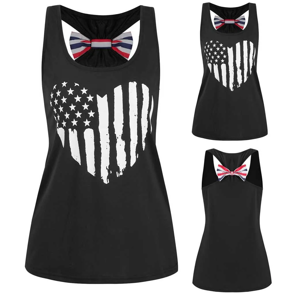 

Women Sleeveless Black O-neck Blouses Summer Vest American Flag Bowknot Tanks Top female Shirt Ladies Blouse chemise femme*XSL