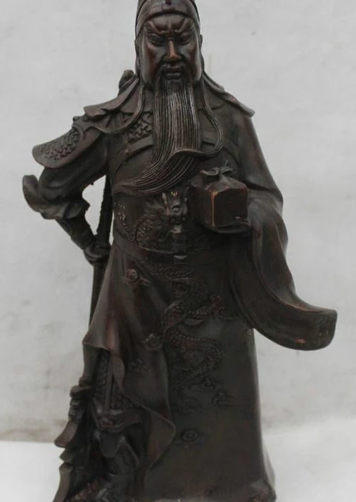 

12"Lucky Chinese Bronze Guan Gong Yu Dragon Warrior God Sword Seal Statue