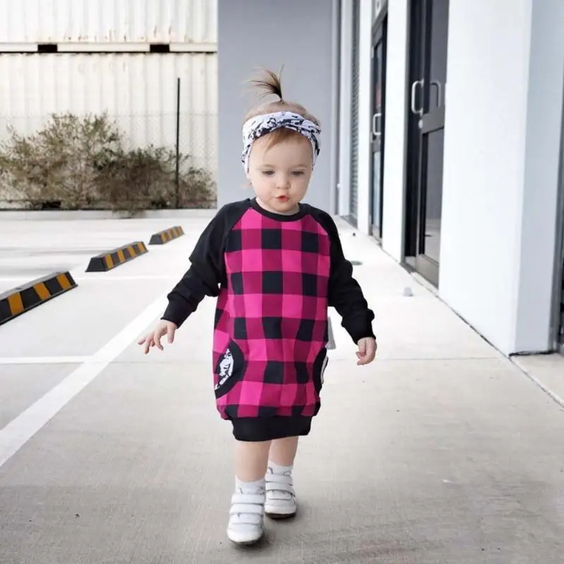 

2pcs/Set Girls Kids Long Tops Plaid Long Sleeves Pocket Package Hip T-shirt + Headband