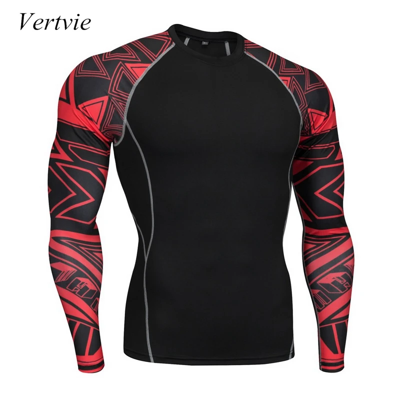 

vertvie Mens Fitness Long Sleeve Rashguard T Shirt Bodybuilding Print Tight Compression Shirt Gym Fitness Pro Sports Running Top