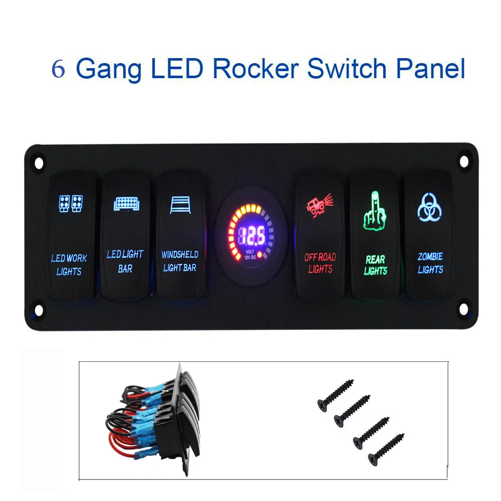 

Marine Rocker Switch Panel Colorful Voltmeter 12V Power Outlet 6 Gang Toggle Switch Panel for Car Boat with Blue Led Indicators