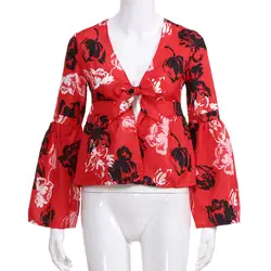 Женская блузка с цветочным принтом, с длинным рукавом, с v-образным вырезом, рубашка с расклешенными рукавами, блузка, топы Blusas Mujer De Moda, 2018