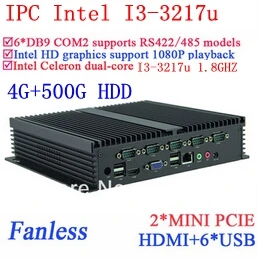 Fanless Intel Core i3 PC Gigabit Ethernet NM70 6USB 6 COM 4G RAM 500G HDD WIN7 WIN8 LINUX free drive NAS Free 7 24 hours