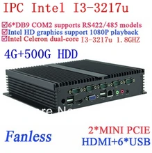 Fanless Intel Core i3 PC Gigabit Ethernet NM70 6USB 6 COM 4G RAM 500G HDD WIN7 WIN8 LINUX free drive NAS Free 7 24 hours