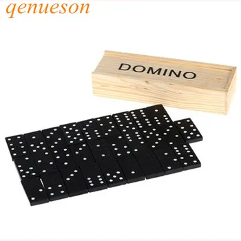 

New Hot 28 pcs/Set Wooden black Domino Blocks with Wooden Box Educational Games Set for Kids Christmas Gift Board Games qenueson
