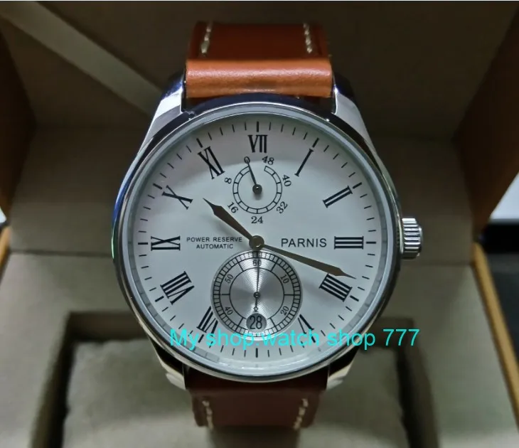 

PARNIS 43mm white dial Automatic Self-Wind movement power reserve men's watch Mechanical watches wholesale 151a