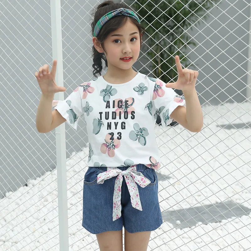 

kids clothes Girls wear summer suit 2019 new fashion suit round neck lantern short-sleeved shirt denim shorts girls suit