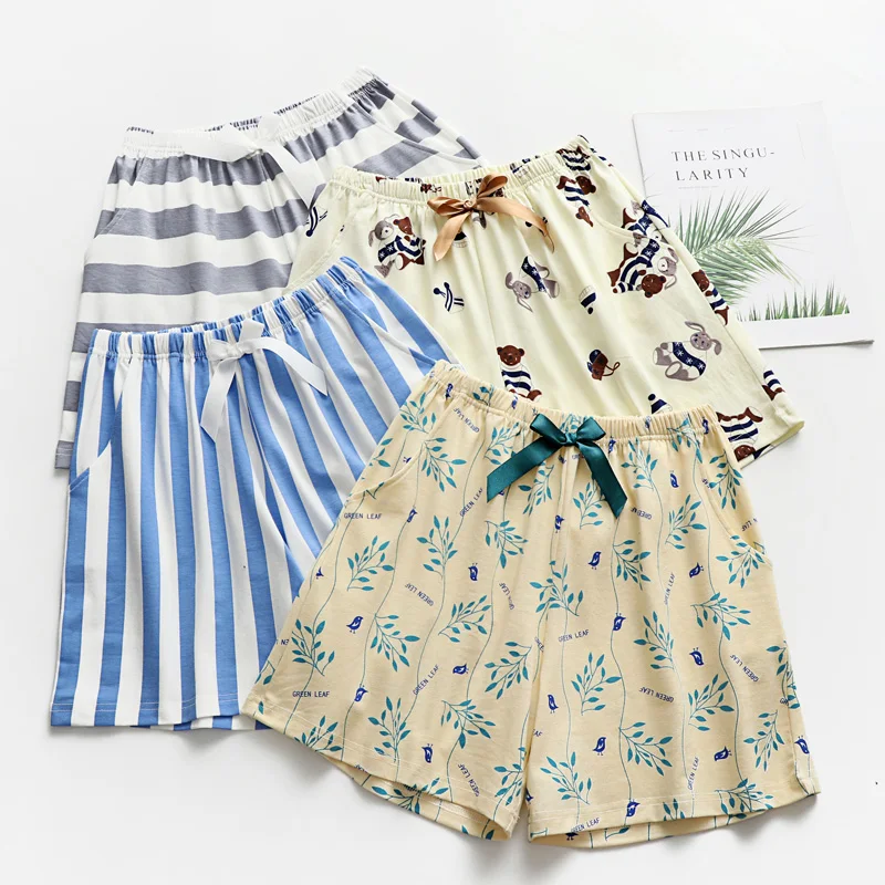 

2019 Summer 100% Cotton Sleep Bottoms for Women Print Pajama Shorts Sleepwear Femme Loose Elastic Waist Home Pants Sleep Bottoms