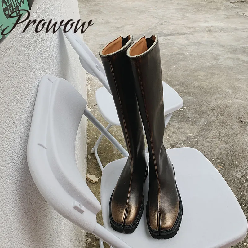 

Prowow New Vintage Round Toe Knee HIgh Boots Zip Back Autumn Winter Boots Shoes Women