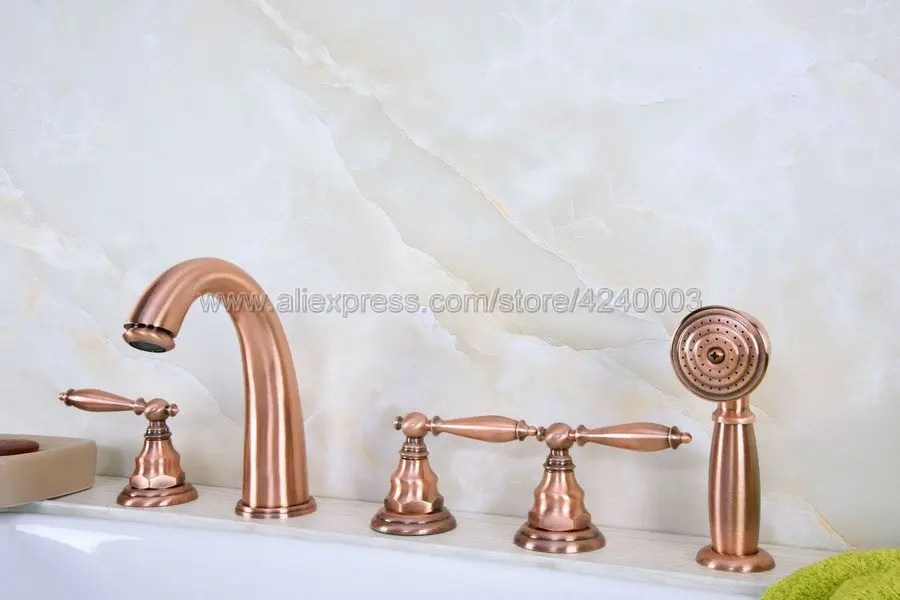 Robinet De Baignoire Romaine À 5 Trous, En Cuivre Rouge Antique, Avec Pomme Douche, Ktf235