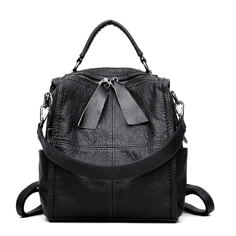 Женский кожаный рюкзак, винтажная женская сумка на плечо, сумка для путешествий, женский рюкзак Mochilas2019, Студенческая сумка для девушек, опрятный - Цвет: Black