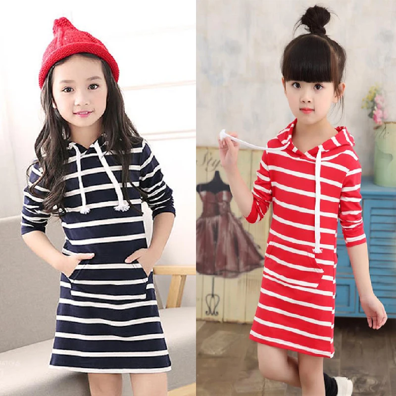 

Cotton Striped Girls Dress Long Sleeve Hooded Kids Clothes Spring Autumn Baby Girls Causal Children Dress 3 4 5 6 7 8 9 10 Years