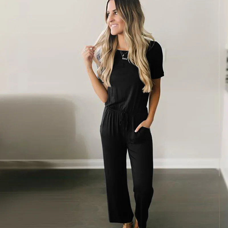 

Autumn new women's loose jumpsuit fashion casual short-sleeved strap long jumpsuit black wine red jumpsuit