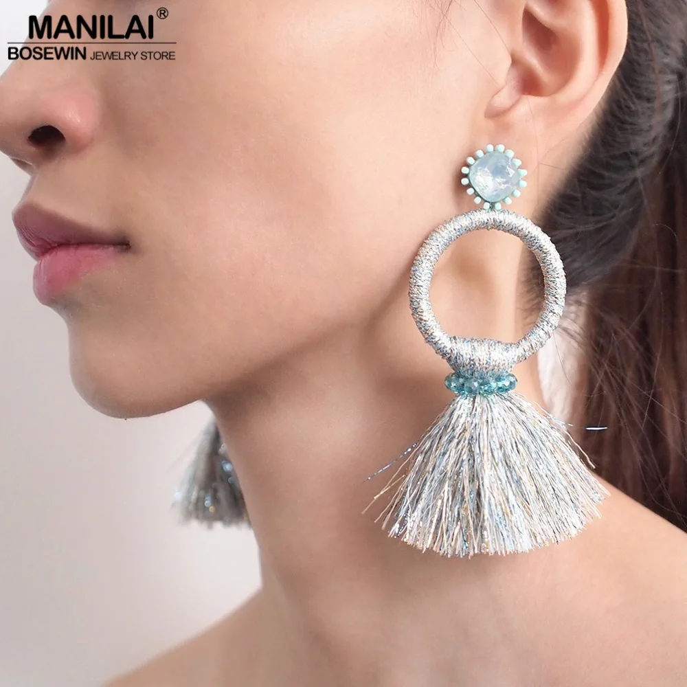 

MANILAI Resin Opal Crystal Statement Tassels Earrings Women Handmade Jewelry Long Fringe Round Dangle Earrings Blue Black Boho