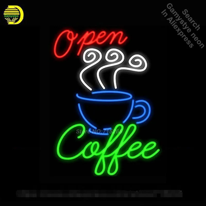 

Open Coffee neon signs Handcrafted Beer Bar Pub Neon Lamp Store Display Design Decorate Real Glass Tube Neon Light Sign 19*15 VD