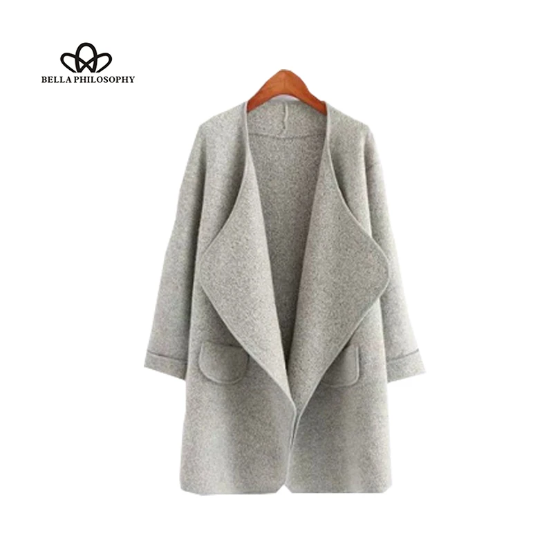 

Bella Philosphy 2018 Autumn Winter Turn-down Collar Women Coat Open Stitch Ladies Knitted Sweater Casual Woollen Overcoat Ladies