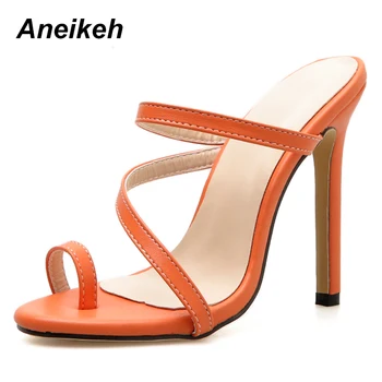 

Aneikeh 2019 Gladiator Fashion Summer PU Slippers Women Flip Flops Thin High Heel Round Toe Shallow Casual Black Orange Size 4-9