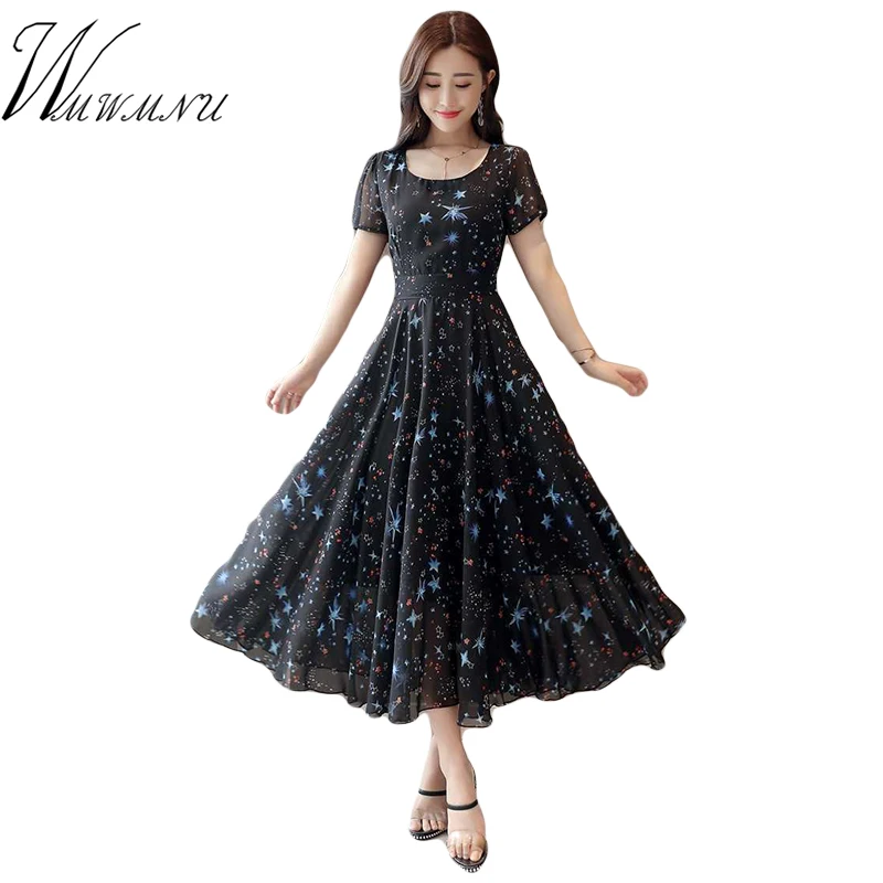

Fashion Print Floral Dress Chiffon For Women Hot Sale Short Sleeve Beach Summer Dress 2018 New Slim Waist Bohemian A-Line Dress