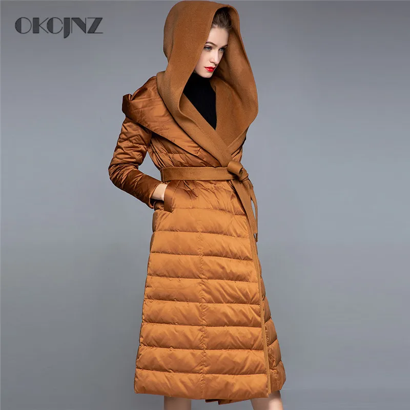 

Slim splice Down jacket Women 2019 New Long white duck Down Thick Hooded Outerwear Casual Down Coat Female YY238