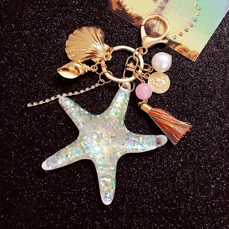 

Cartoon Sea World Starfish Pearl Shell Keychain Key Chain KeyRing Crystal Pendant Keychain Women Gift