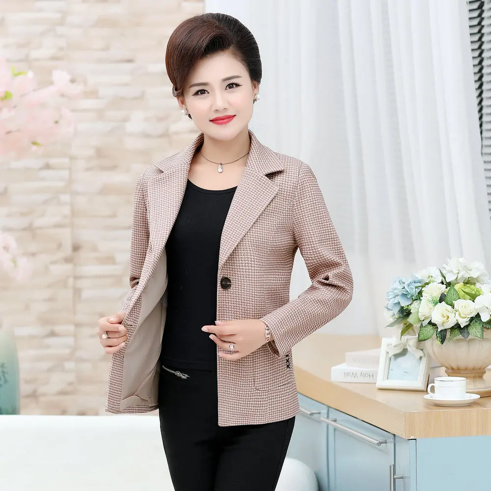 Small Plaid Pattern Blazer Middle Aged Woman Khaki Orange Gray Check Jackets Suits Women Elegant Blazers Mother Clothings 4XL XL