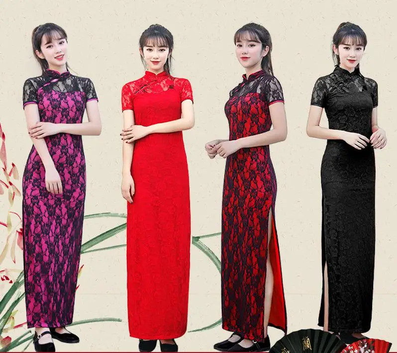 Плюс размер 3XL 4XL 5XL элегантные кружевные женские длинные Qipao сексуальные тонкие вечерние платья vestidos с высоким разрезом для сцены шоу Cheongsam