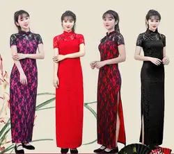 Плюс размеры 3XL 4XL 5XL Элегантный кружево для женщин длинное Ципао Sexy Тонкий Вечеринка платье vestidos высокое разделение шоу на сцене Cheongsam