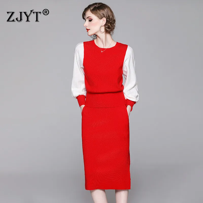 

High Quality Autumn Winter Designer Sweater Suit Set Women 2019 New Fashion Two Piece Outfits Color Block Knit Top and Skirt Set
