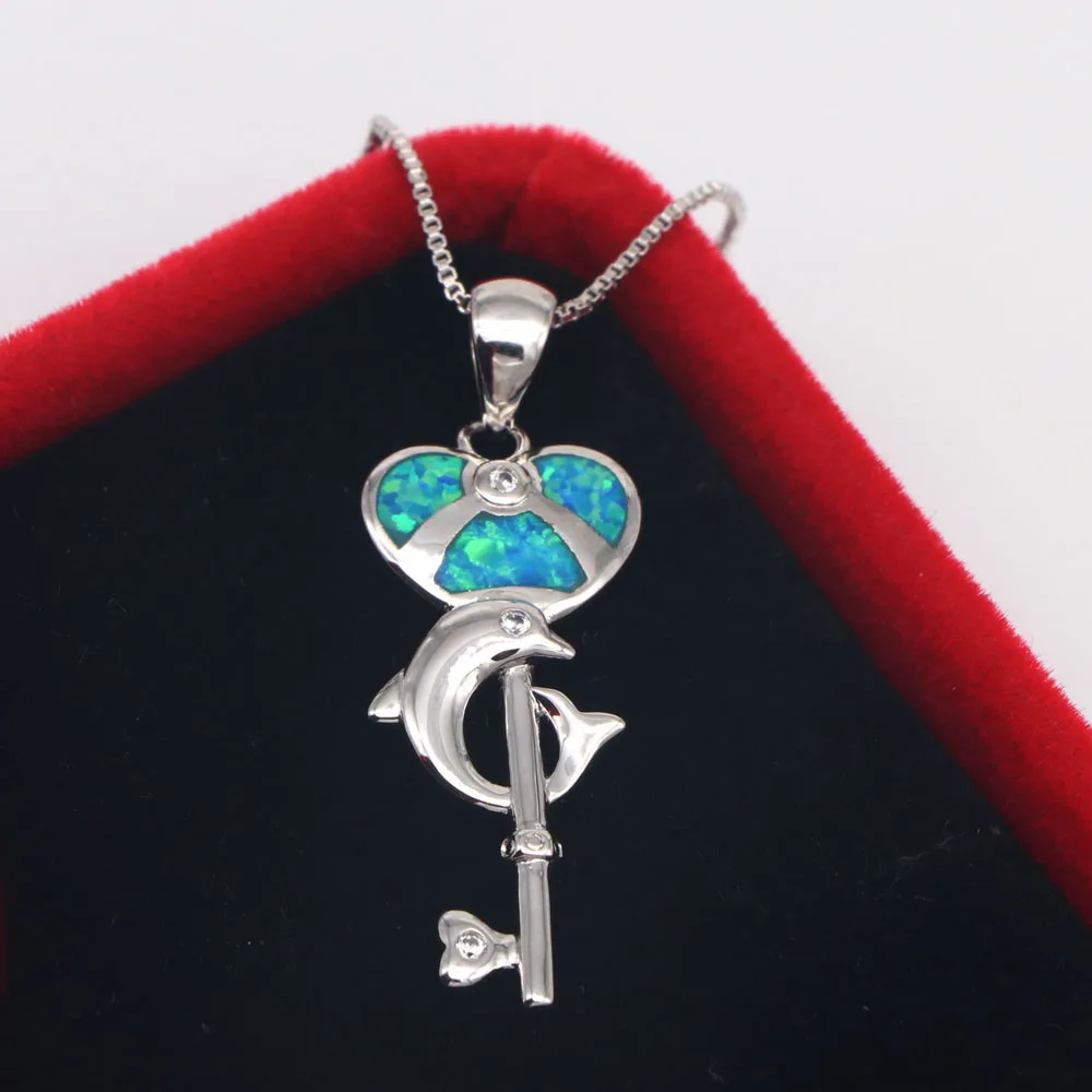 JLP261  New Women Key Keart-Shaped Necklace Pendant Blue Opal Heart-Shaped Key Necklace Pendant Wholesale Fashion Jewelry