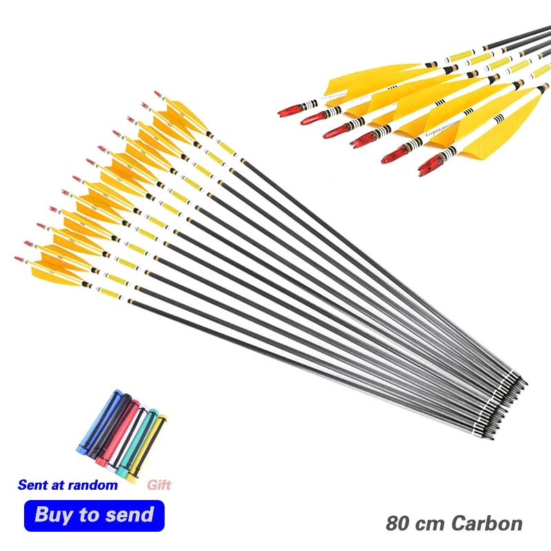 

12 PCS Yellow 5 inch Turkey Feathers Carbon Arrows 80cm length replace Arrow head for 20-50lbs Recurve Bow Hunting Archery
