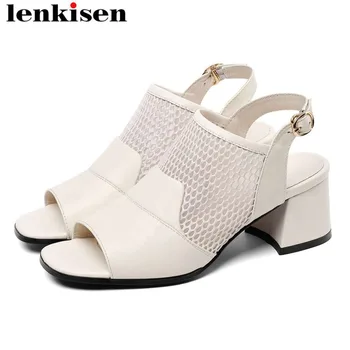 

Lenkisen natural leather mesh buckle strap slingback shoes peep square toe plus size young girls high heels summer sandals L19