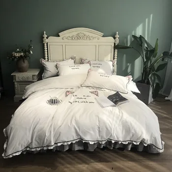

Cat ear White Gray Queen King Bedding set Luxury Cotton Bed set bed sheet Duvet cover Fitted sheet parure de lit ropa de cama