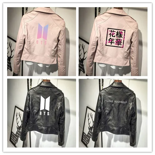 

DF LUCKYFRIDAYF Bangtan Boys PU Leather Print Jackets Women Kpop Streetwear Leather LOVE YOURSELF ANSWER Outwear Jacket Coats