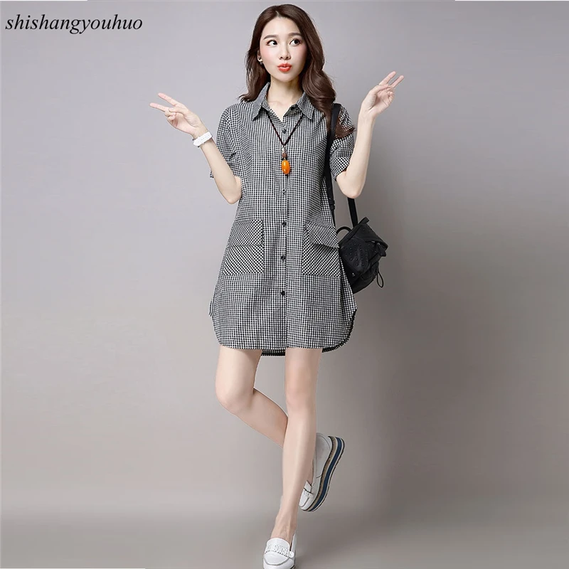 2017 New Summer Autumn Women Long Shirts Loose Large Size Cotton Plaid Shirt Lady Fashion Casual Short Sleeve Wild Simple |