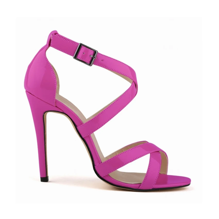 LOSLANDIFEN New Fashion Women Thin Heels Pumps Open Toe Ankle Straps High Heels Shoes Summer Pumps Patent Leather 102-1A-PA