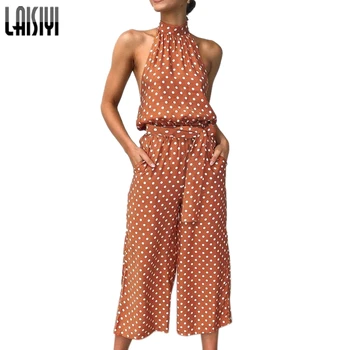 

LAISIYI Women Sleevelesss Halter Dots Jumpsuits 2019 Summer Casual Loose Rompers Wide Legs Sexy Backless Jumpsuit ASJU20492