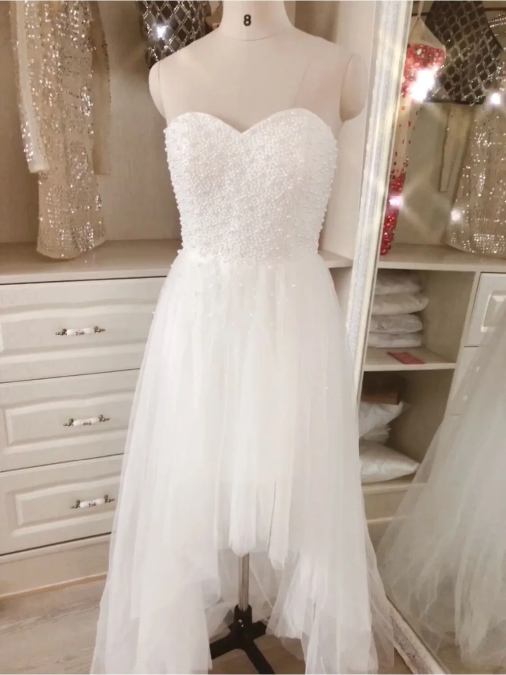 Romantic Sweetheart Off Shoulder Heavy Pearls Sexy Backless High Low