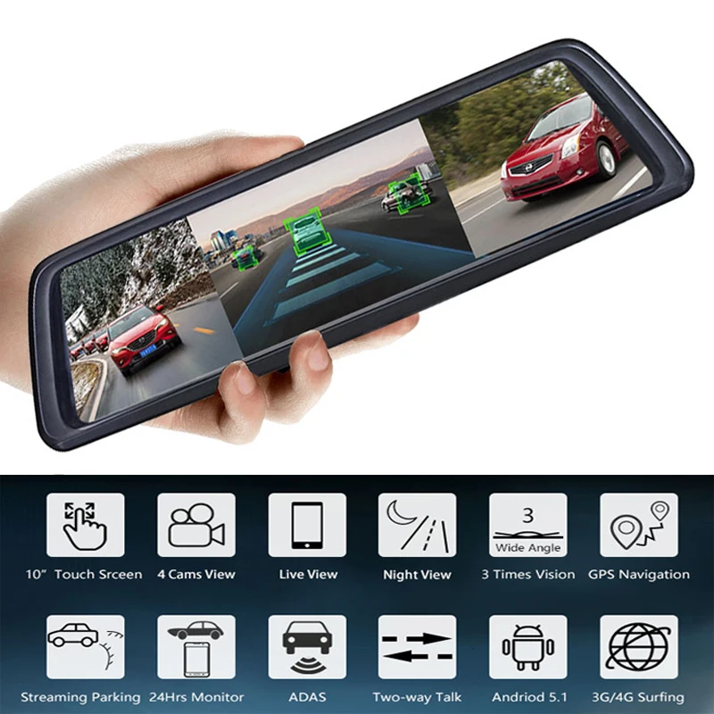  ANSTAR 10''Screen ADAS Car DVR With 4 Cameras 4G FHD1080P Media Rearview Mirror 360 Degree Blind Zo