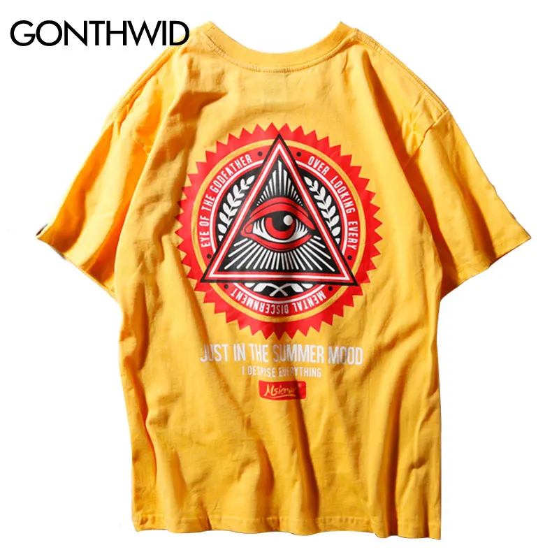 

GONTHWID Geometry Triangle T Shirts Men's Hip Hop Eye of Godfather Printed Casual Cotton Streetwear Tops Tees Streetwear Tshirts