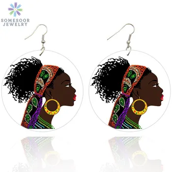 

SOMESOOR African Natural Hair Wooden Drop Earrings Afro Fabric Hedawrap Lady WIth Locs Hoops Design Jewelry For Women Gift 1Pair