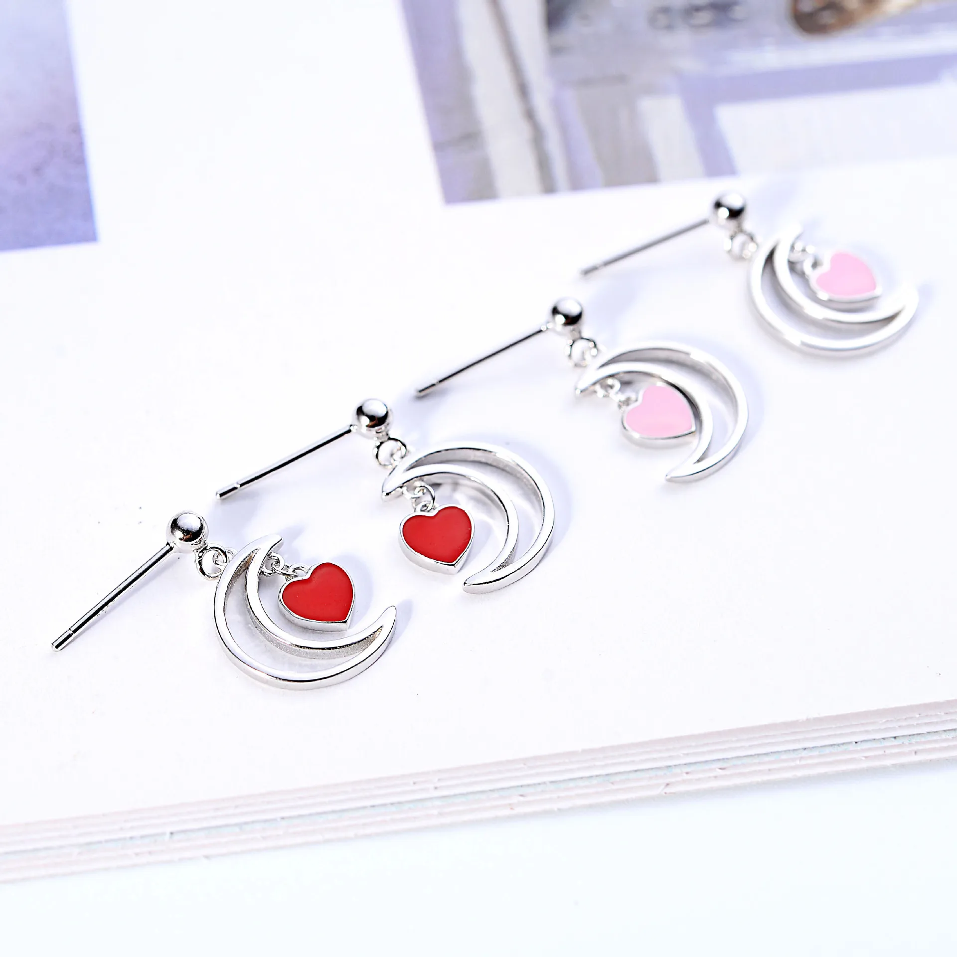 heart moon drop glaze earring 100% 925 Sterling silver Jewelry fashion Hypoallergenic Stud earrings for women girl gift