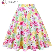 Летние милые фламинго и ананасы юбка с принтом Для женщин Винтаж Высокая Талия трапециевидной формы с плиссировкой, до колен юбки элегантный Повседневное юбка миди