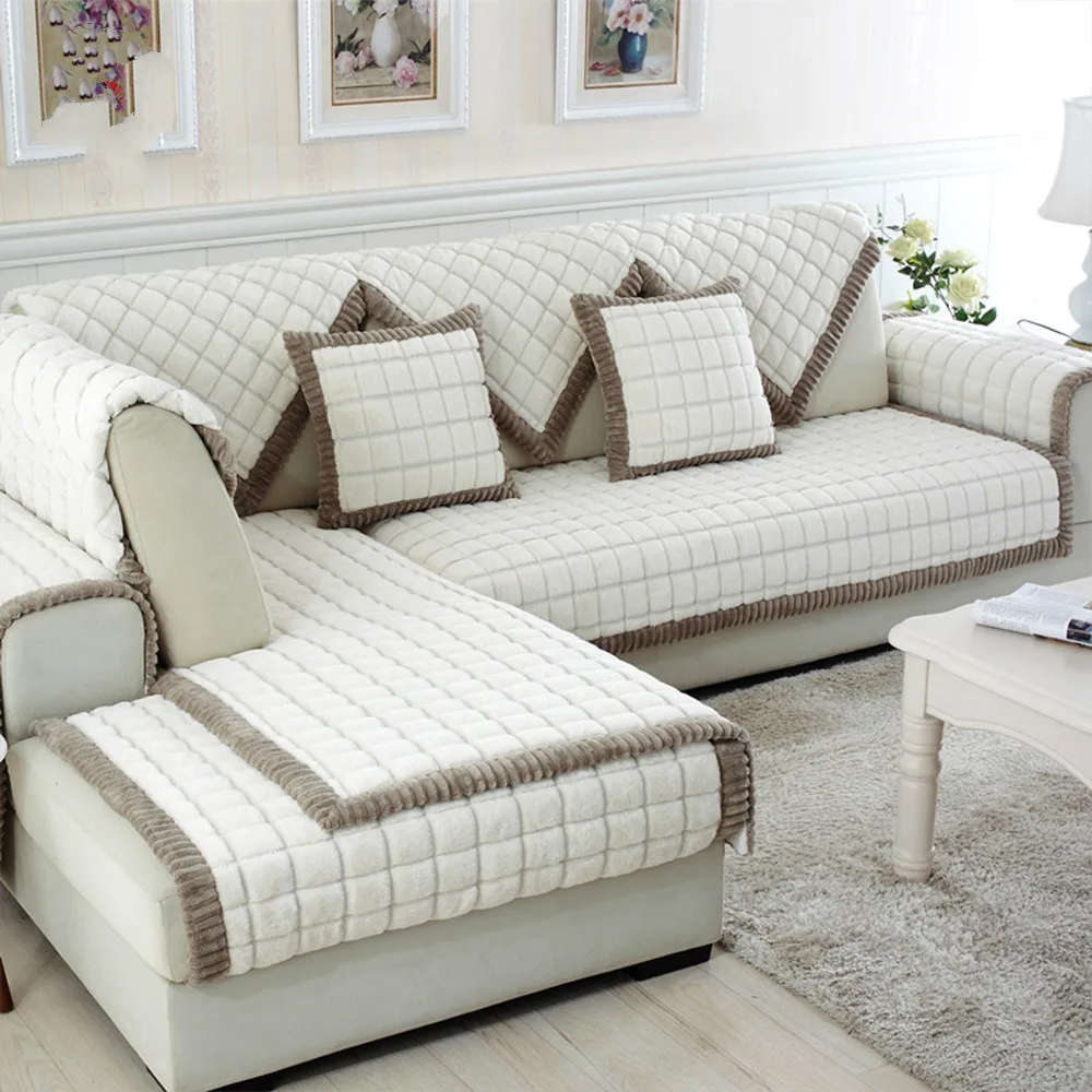 

White grey plaid sofa cover plush long fur slipcovers fundas de sofa sectional couch covers fundas de sofa free shipping