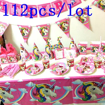 

112Pcs/Lot Cute Unicorn Theme Disposable Cup Plate Napkin Baby Shower Kid Birthday Party Decoration Wedding Celebration Supply