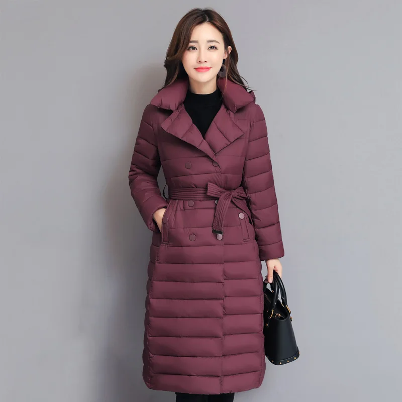 Дизайн, Зимняя женская куртка с поясом, приталенное женское длинное пальто с пуговицами, стеганая верхняя одежда, Женская парка - Цвет: Wine red