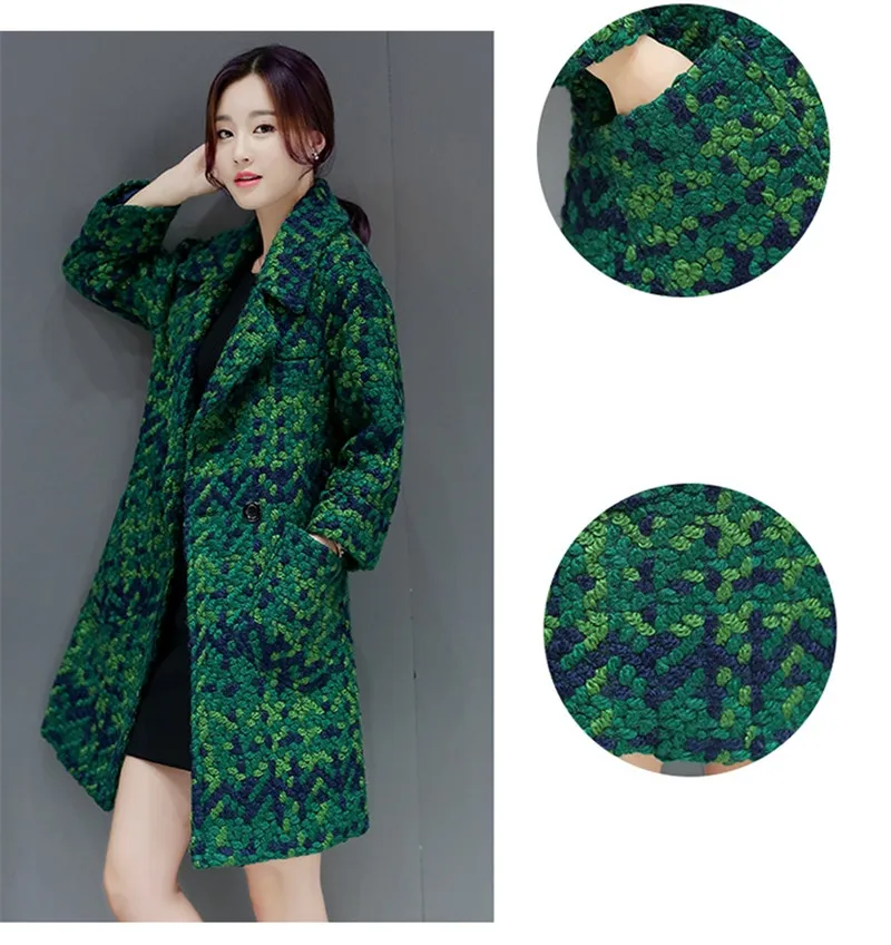 Осень-зима, Женское шерстяное пальто в клетку, модное зеленое шерстяное пальто для женщин, плюс размер, плотное тонкое базовое пальто для женщин N363