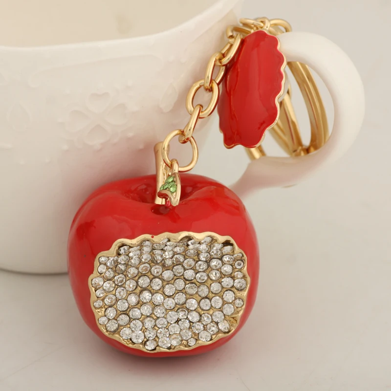 New 3D Red Enamel Crystal Apple Key chain Ring Fashion Crystal Metal Keychain Keyring For Women