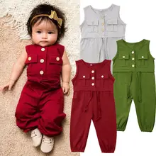 Повседневный Модный летний комбинезон для маленьких девочек, 3 стиля, однотонные комбинезоны с карманами и пуговицами без рукавов, 3 стиля