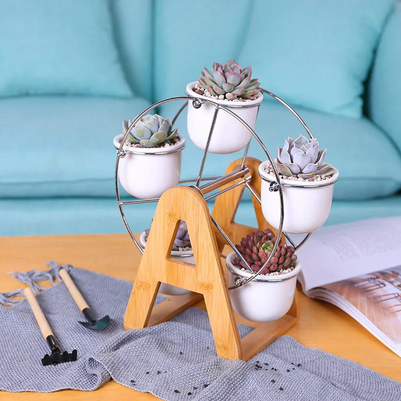 

Set of Ferris Wheel Design Flowerpots White Ceramic Succulent Planter Pots 5 Bonsai Panters with 1 Bamboo Shelf