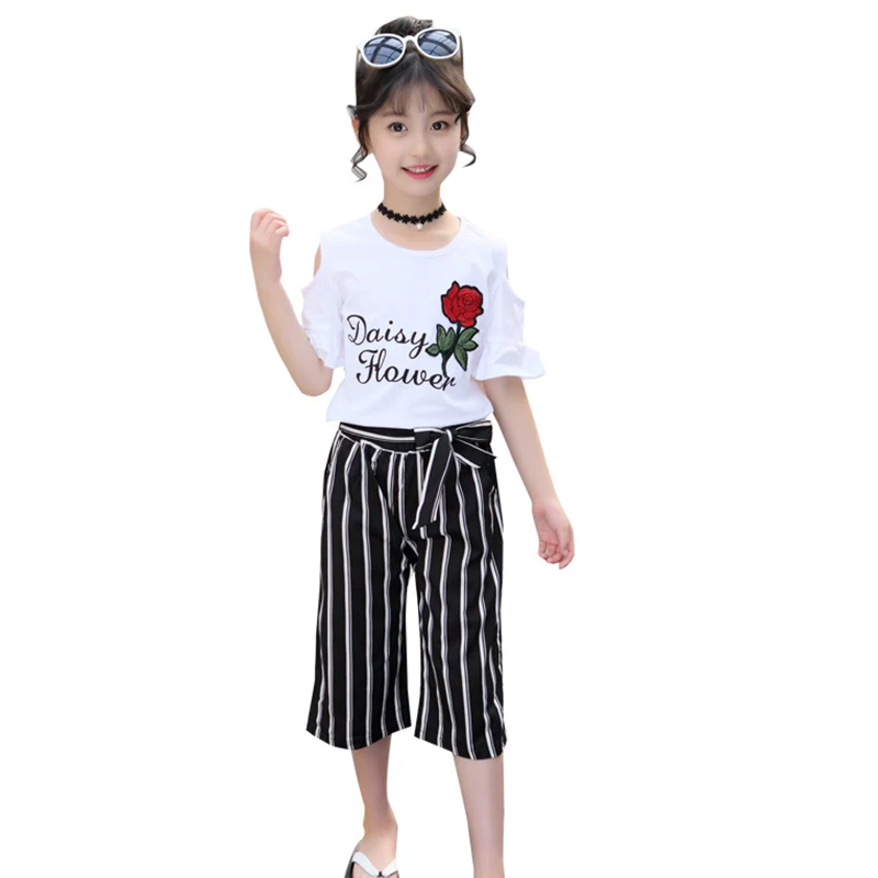 

Children's Girl Set Casual 100% Cotton Pirt Letter Kids Girl Suit Summer Stirped O-Neck Pullover For Girl T-Short + Pants 2 Pcs